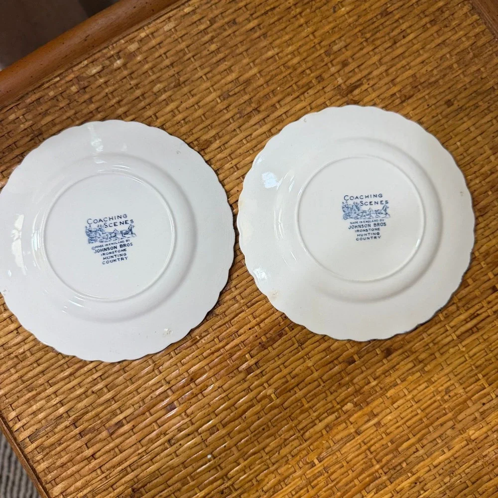 Vintage Johnson Brothers Coaching Scenes Blue Bread Butter Plates Pair